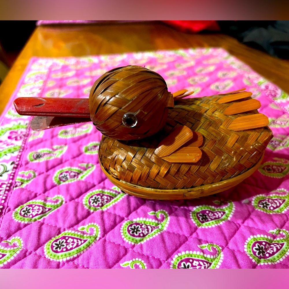 Vintage Peoples Republic of China Carved Glass Eyed Duck Basket Wicker Rattan